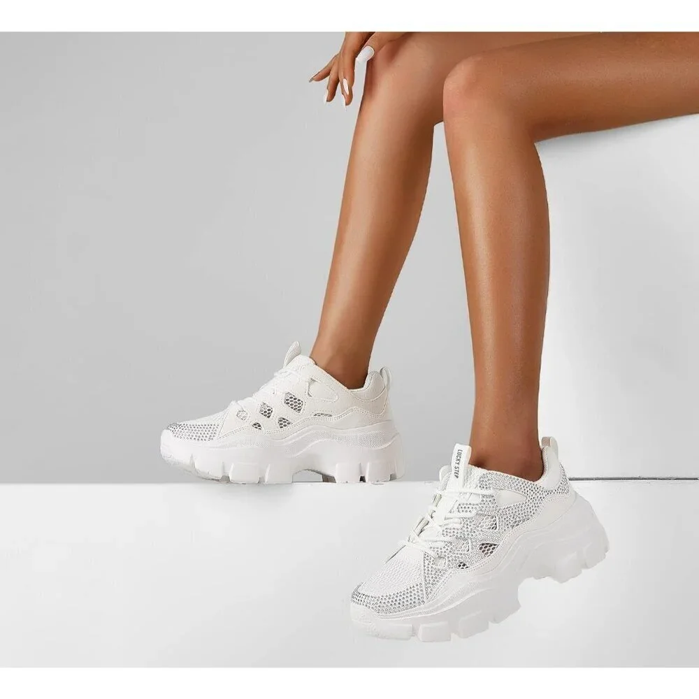 Women White Rhinestone Platform Fuchsia Hologram Casual Lace-Up Sneakers